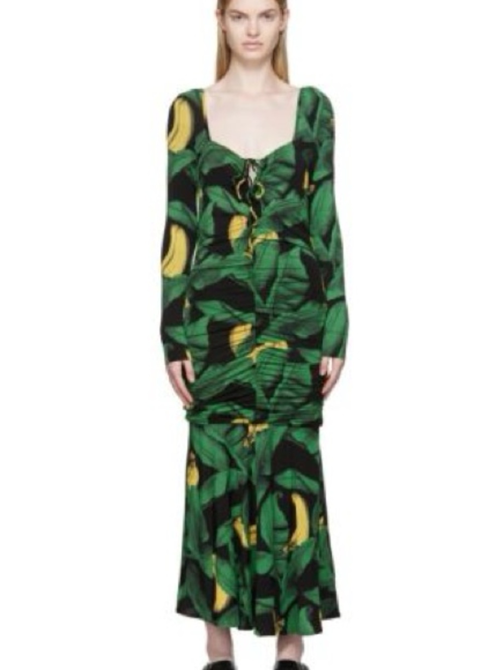 Ganni Green and Yellow Banana Leaf Long Sleeve Maxi Dress